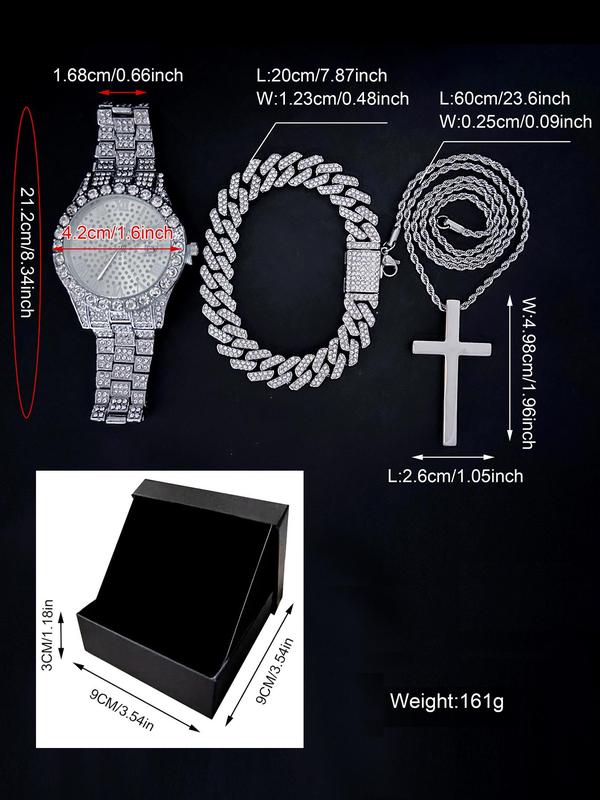 Men's Elegant Rhinestone Decorated Watch & Bracelet & Cross Pendant Necklace, Fashion Watch Set for Party, Daily Decor, Trendy All-match & Exquisite Watch Set for Birthday Gift with Box