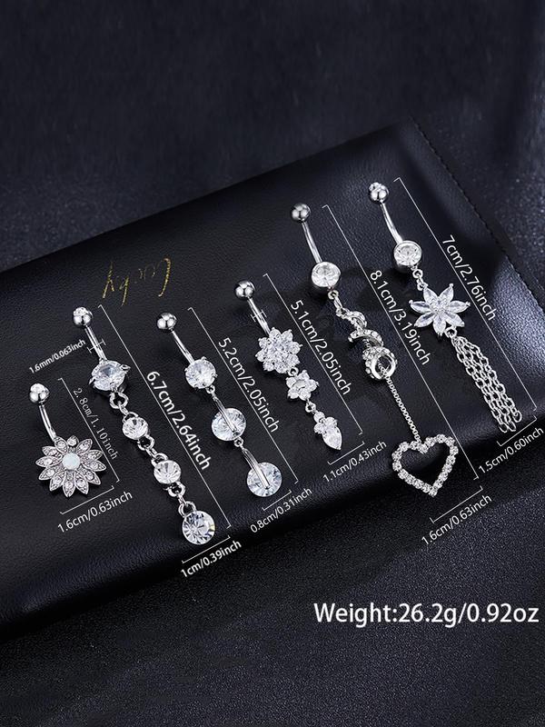 Fashion Flower & Heart Design Belly Ring, Rhinestone Decor Tassel Belly Ring for Women & Girls, Body Jewelry for Party, Trendy All-match & Exquisite Jewelry for Gift