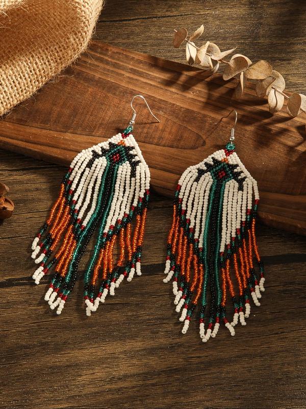 Boho Style Beaded Tassel Decor Dangle Earrings, Vintage Drop Earrings for Women, Beach Essentials, Fashion Trendy Summer Jewelry Gift for Party & Daily Life