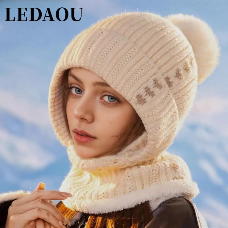 LEDAOU Women One Piece Slouchy Fleece Beanie Hats Scarf Mask Warm Winter Knitted Hat Thick Skull Ski Cap