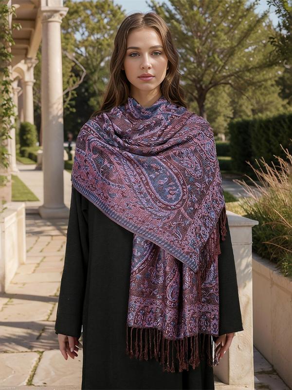 Women's New Fashion Temperament Paisley Print Fringe Trim Scarf, Boho Style Long Shawl for Daily Wear, Fashion Accessories for Women & Girls