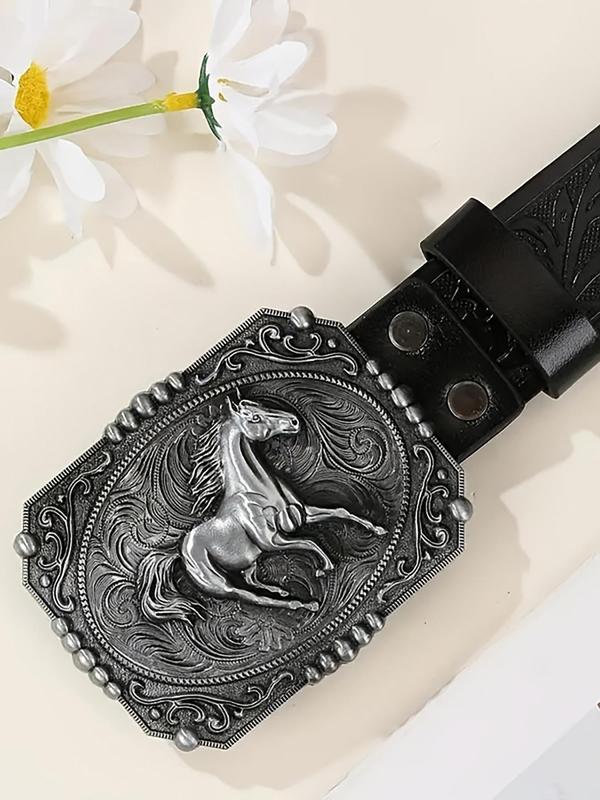 Vintage Western Cowboy Style Horse Design Buckle Belt, Fashionable Embossed Decor Belt for Men & Women, Casual Waistband for Jeans Trousers