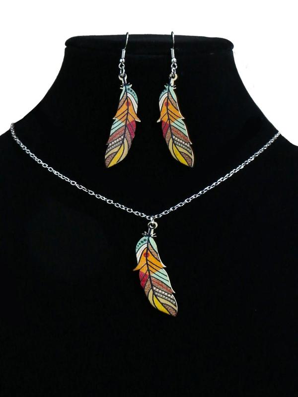 Boho Style Feather Design Pendant Necklace & Dangle Earrings, 3pcs set Colorful Wood Pulp Fiber Jewelry Set for Women and Ggirls, Casual Resort Style Jewelry for Travel and Daily Wear