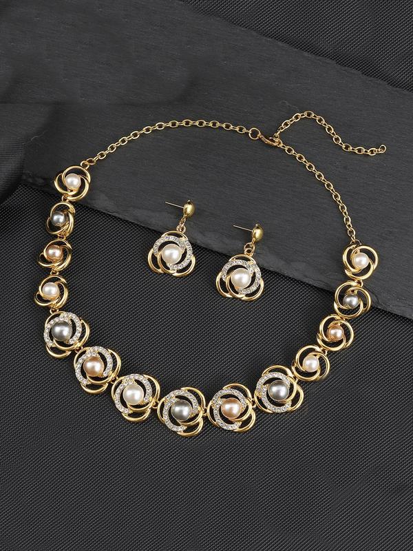 Faux Pearl & Rhinestone Decor Jewelry Set, Elegant Chain Necklace & Dangle Earrings, Fashion Vintage Jewelry for Women & Girls for Party Decor