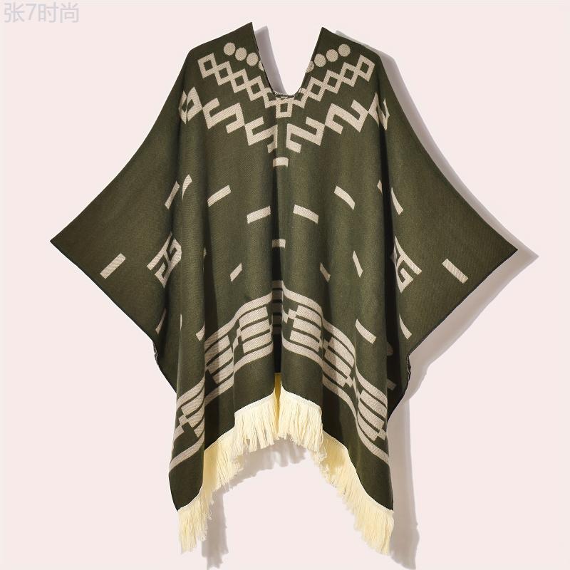 MARRYHAPPY Men's Vintage-Style Warm Poncho - Geometric Pattern, Tassel Detail, Cozy Acrylic Blend Shawl for Outdoor Adventures