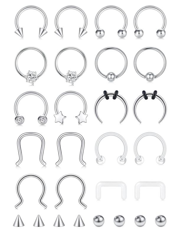 Punk Style Nose Ring Set, 28pcs Stainless Steel Nose Ring with Replacement Ball, Body Jewelry for Women & Men, Trendy All-match & Exquisite Jewelry for Birthday Gift