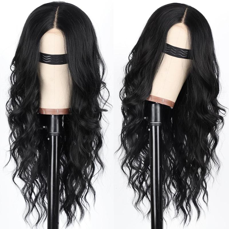 Nnzes Black Wig for Women Long Wavy Lace Hairline Wig 26 Inch Middle Part Synthetic Heat Resistant Wig for Daily Party