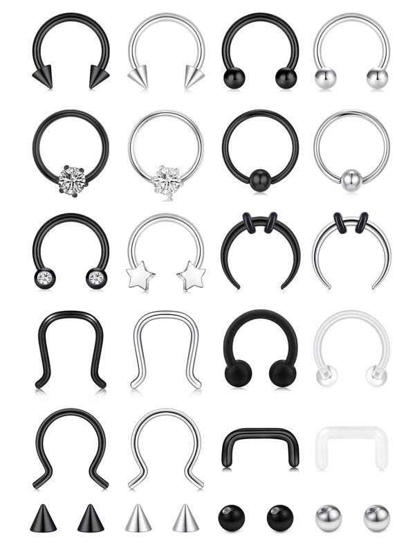 Punk Style Nose Ring Set, 28pcs Stainless Steel Nose Ring with Replacement Ball, Body Jewelry for Women & Men, Trendy All-match & Exquisite Jewelry for Birthday Gift