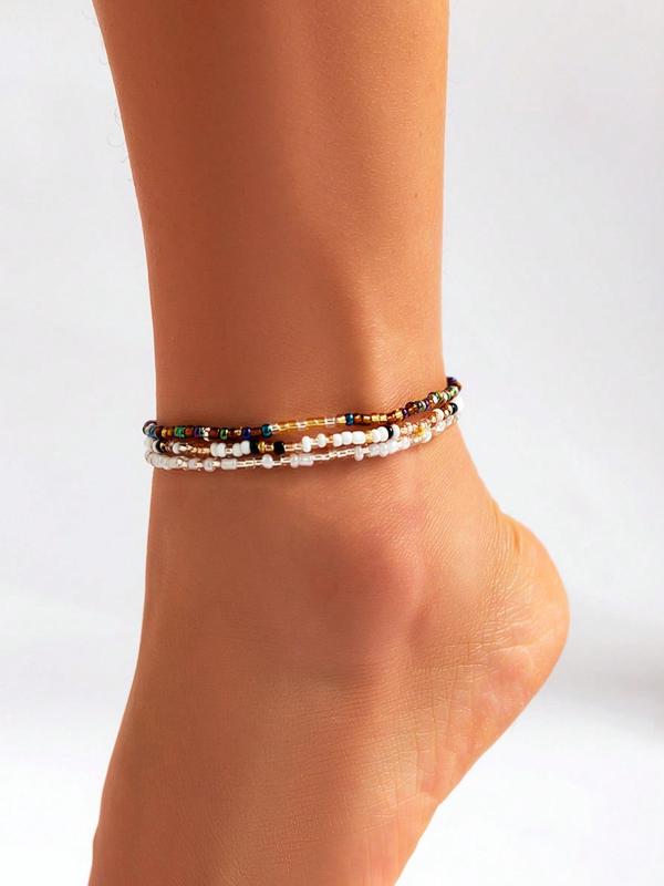 3pcs set Boho Color Block Beaded Anklet, Fashionable Foot Jewelry For Women & Girls