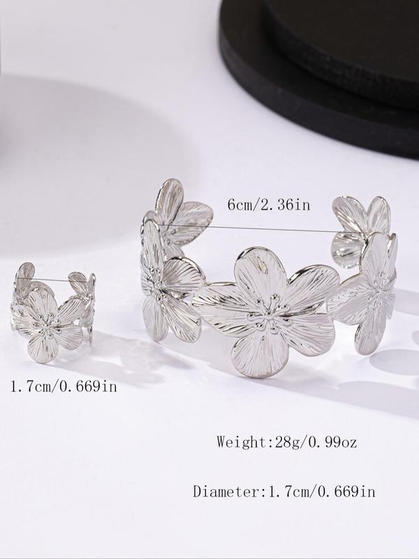 Flower Design Cuff Ring & Cuff Bangle for Women & Girls (2counts), New Fashion Jewelry for Party, Daily Clothing Decor, Exquisite Jewelry for Birthday Gift