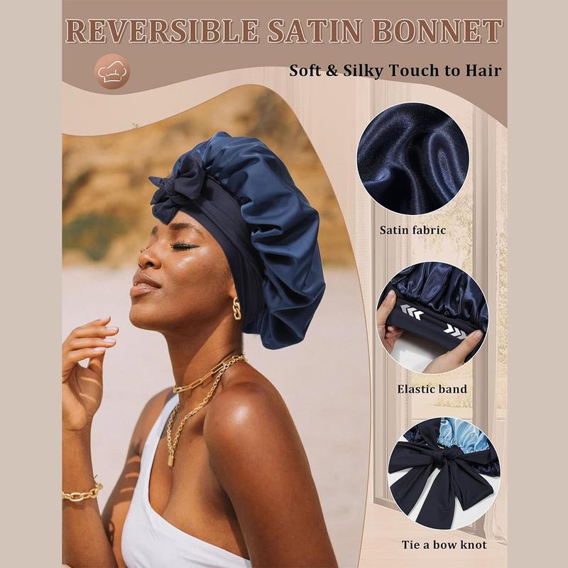 Double Layer Satin Bonnet for Sleeping Cap Women Reversible Hair Bonnets with 2PCS Hair Scrunchies Elastic Tie Band Nightcap Gifts for Women