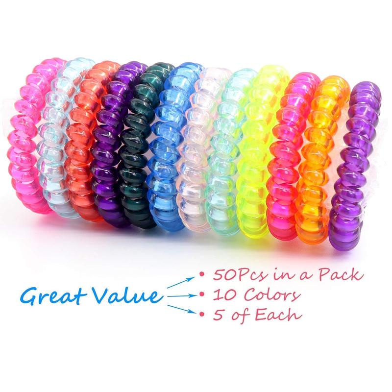 50 count Spiral Hair Ties For Women Phone Cord Ponytail Holders Colorful Hair Coils Plastic Scrunchies Bulk Hair Ties Coil Hair Bands Bracelets For Grils (Crystal10 Colors -Large Size)