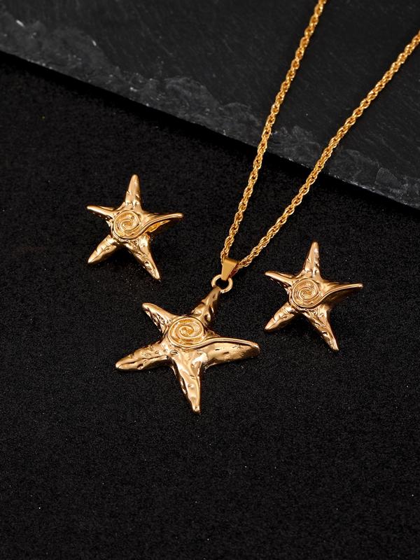 Spiral Texture Starfish Design Pendant Necklace & Stud Earrings, Fashion Jewelry Set for Party, Daily Decor, Trendy All-match & Exquisite Jewelry for Birthday Gift