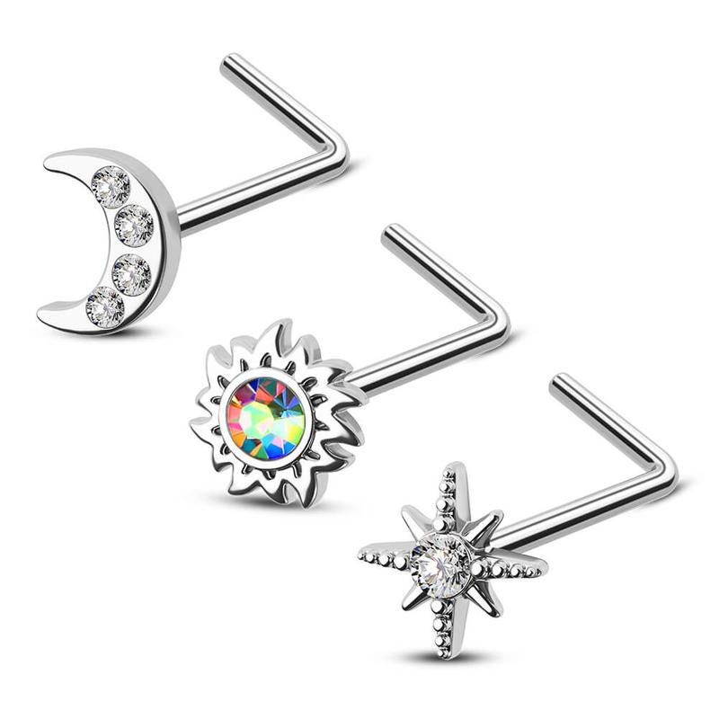 Oufer 3PCS 20G Sun Moon Star L-Shaped Nose Stud Set