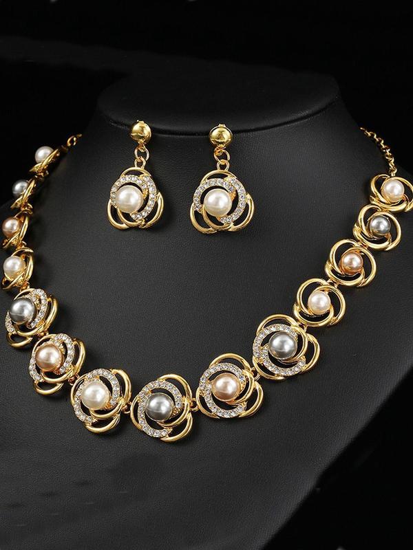 Faux Pearl & Rhinestone Decor Jewelry Set, Elegant Chain Necklace & Dangle Earrings, Fashion Vintage Jewelry for Women & Girls for Party Decor