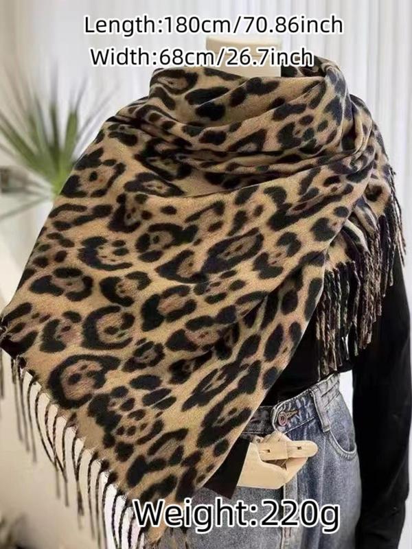 Women's Leopard Print Thickened Scarf, Fashionable Soft Tassel Decor Warm Shawl for Fall & Winter, Casual Versatile Scarf for Women & Girls