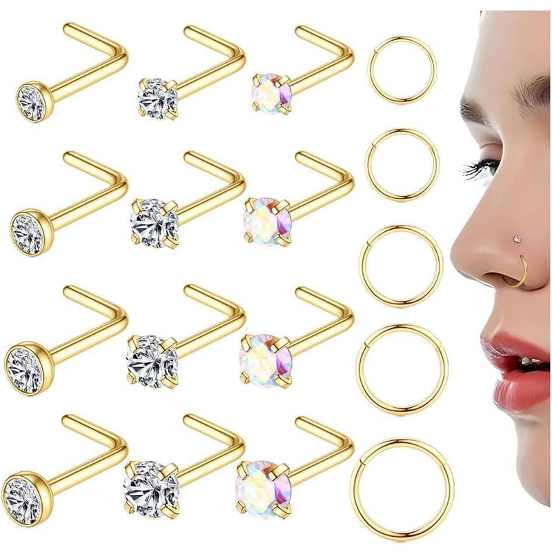 17 Gold Plated Nose Ring Studs 316L Surgical Steel Gold Nose Studs for Women Men 20G L Shaped CZ Nose Rings