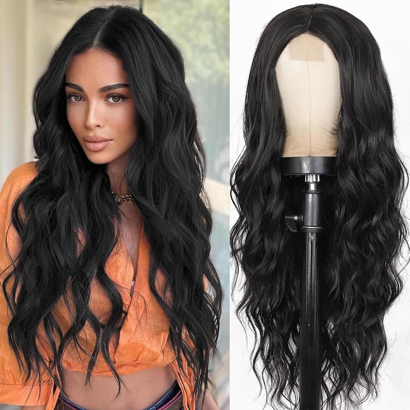 Nnzes Black Wig for Women Long Wavy Lace Hairline Wig 26 Inch Middle Part Synthetic Heat Resistant Wig for Daily Party