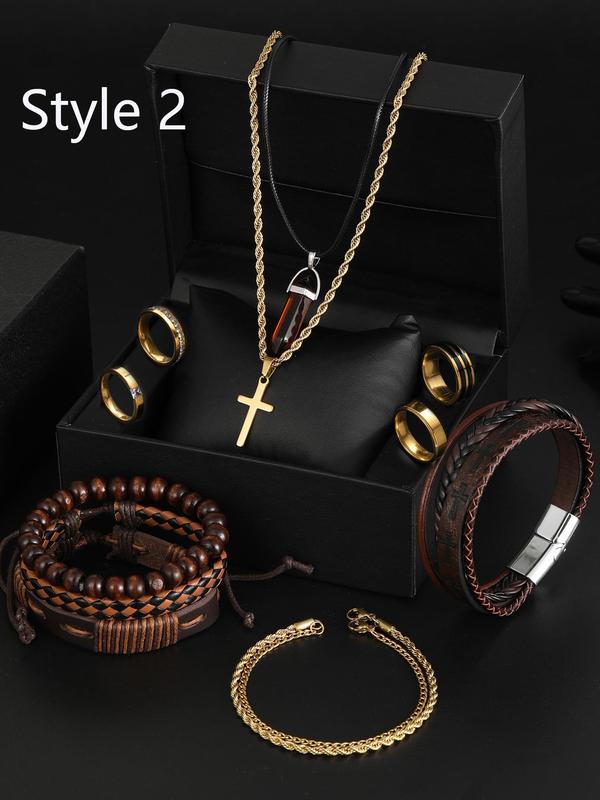 Men's Vintage Cross Pendant Necklace & Bracelet & Ring Set, Rhinestone Decor Jewelry Set, Fashion Accessories for Party, Daily Clothing Decor for Boy