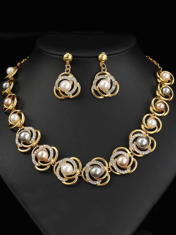 Faux Pearl & Rhinestone Decor Jewelry Set, Elegant Chain Necklace & Dangle Earrings, Fashion Vintage Jewelry for Women & Girls for Party Decor