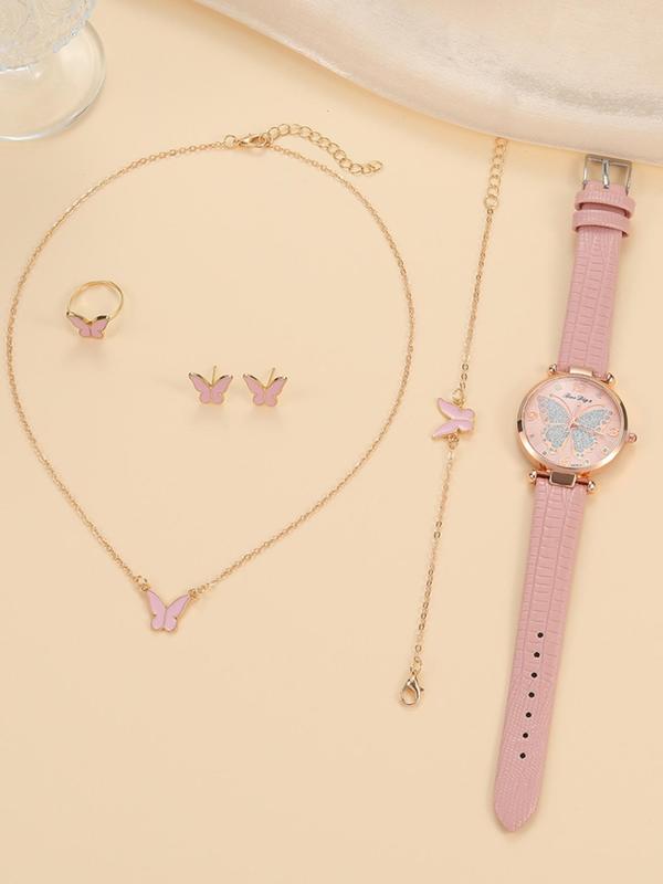 Women's Butterfly Quartz Watch & Jewelry Set, Including Rhinestone Decor Analog Watch & Necklace & Ring & Earrings & Bracelet, Fashion Watch Set As Gift, without Box