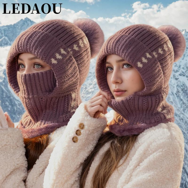 LEDAOU Women One Piece Slouchy Fleece Beanie Hats Scarf Mask Warm Winter Knitted Hat Thick Skull Ski Cap