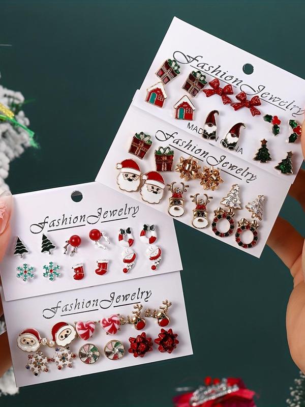 Christmas Themed Earrings Set, Cute Christmas Tree & Santa Claus & Snowman & Gift Box Design Stud Earrings, Fashion Jewelry Accessories for Women & Girls