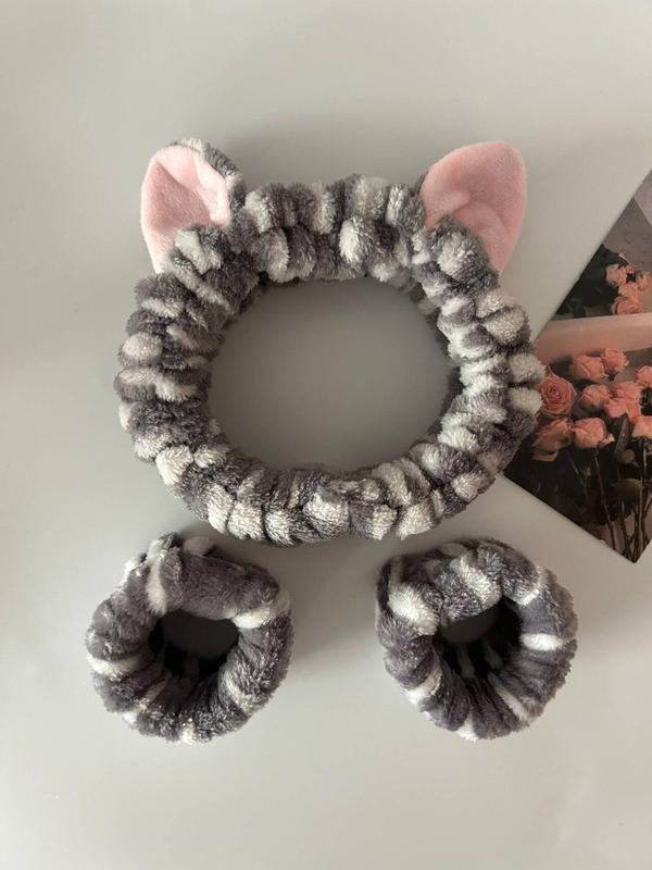 Cute Cat Ear Design Hair Hoop & Wristband Set, Fashionable Hair Accessories for Women & Girls, Minimalist Headwear Suitable for Face Wash & Makeup