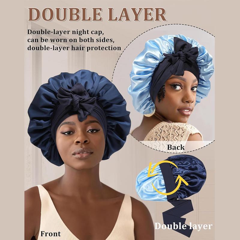 Double Layer Satin Bonnet for Sleeping Cap Women Reversible Hair Bonnets with 2PCS Hair Scrunchies Elastic Tie Band Nightcap Gifts for Women