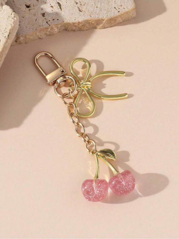 Cute Cherry & Bow Decor Keychain, Fashionable Keychain for Women & Girls, Trendy All-match & Exquisite Keychain for Birthday Gift