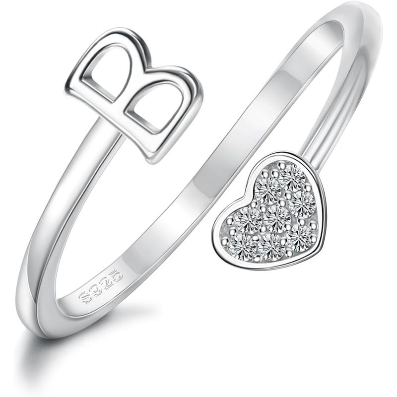 Fansilver Heart Initial Rings for Women s Initial Heart Stackable Rings Adjustable Initial Rings for Teen s Cute Heart Alphabet Letter Rings Valentine's Day Jewelry Gifts heartshaped ring shiny ring