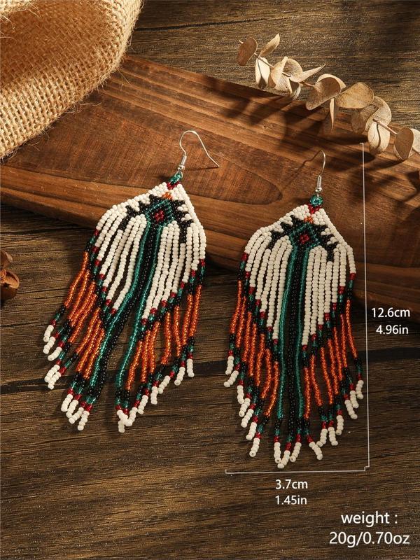 Boho Style Beaded Tassel Decor Dangle Earrings, Vintage Drop Earrings for Women, Beach Essentials, Fashion Trendy Summer Jewelry Gift for Party & Daily Life