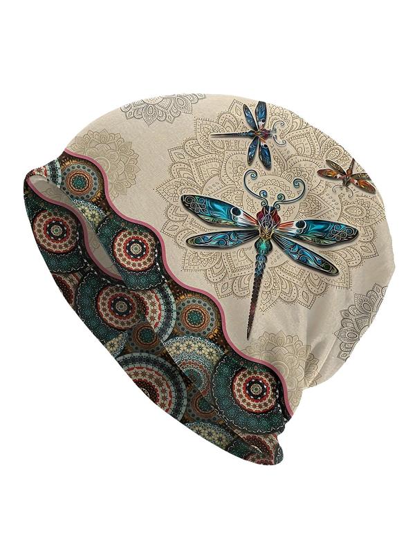 Dragonfly Pattern Beanie Hat, Boho Style Ethnic Pattern Beanie Hat for Fall & Winter, Fashion Vintage All-match Accessories for Women & Men