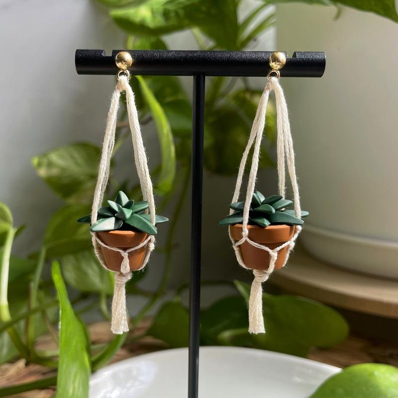 Miniature Macramé Plant Earrings - Clay Earrings - Succulent Earrings - Garden Earrings - Hanging Plant Earrings - Gift For Her - Retro Casual