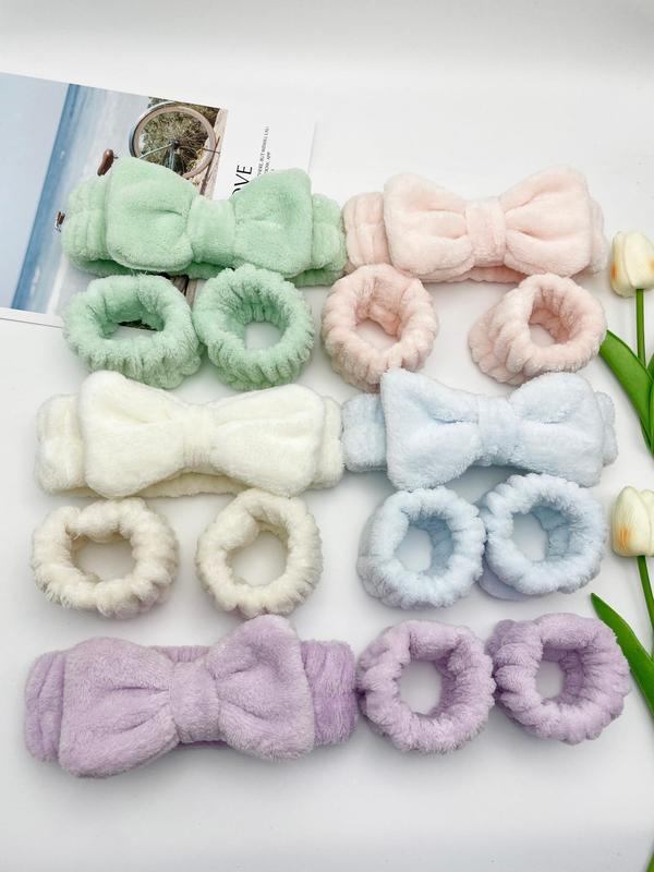 Cute Bow Decor Plush Hair Accessories Set, 15 Counts Wrist Band & Hair Band Set, Simple Soft Hair Band for Women & Girls, Fashion Hair Accessories for Daily Wear