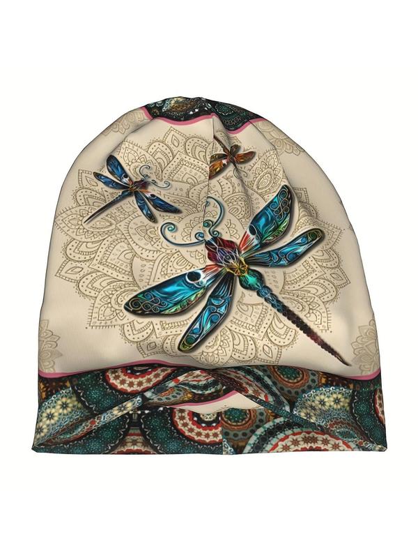 Dragonfly Pattern Beanie Hat, Boho Style Ethnic Pattern Beanie Hat for Fall & Winter, Fashion Vintage All-match Accessories for Women & Men