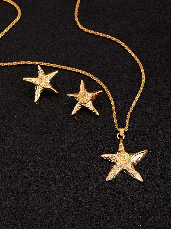 Spiral Texture Starfish Design Pendant Necklace & Stud Earrings, Fashion Jewelry Set for Party, Daily Decor, Trendy All-match & Exquisite Jewelry for Birthday Gift