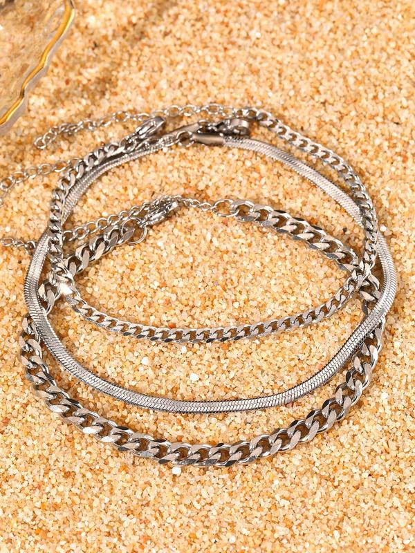 3pcs Simple Plain Stainless Steel Chain Anklet, Fashionable and Personalized for Daily Clothing Decor, Party, Minimalist Aesthetic Jewelry As Gift