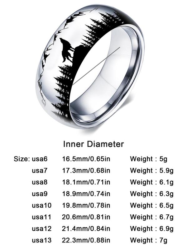 Men's Wolf Print Stainless Steel Ring, Colorblock Landscape Pattern, Black & White Fashion Accessories for Daily Decoration