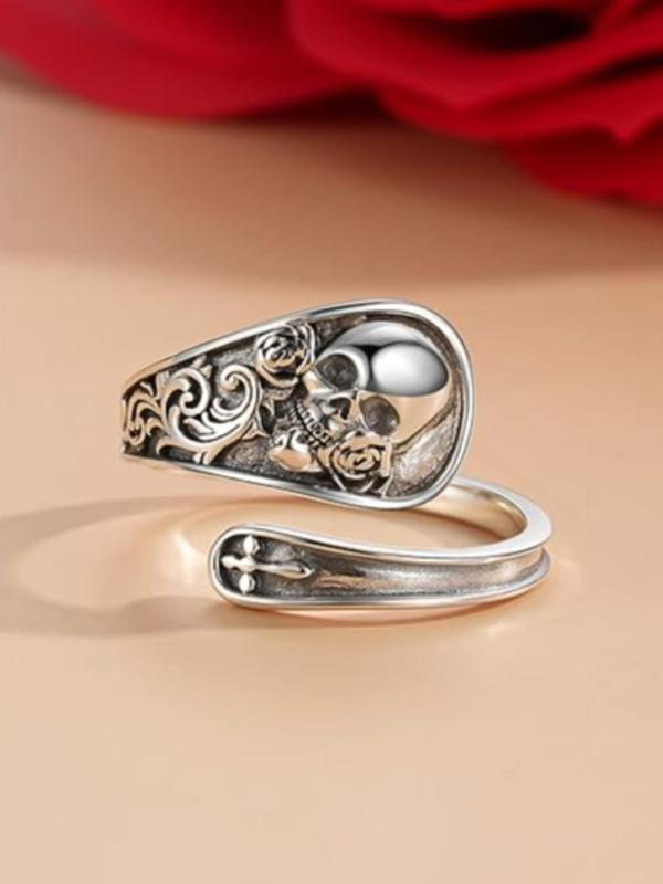 Punk Style Skull & Rose Design Ring,  Retro Accessories for Women for Party, Daily Clothing Decor, Trendy All-match Creative Jewelry for Birthday Gift