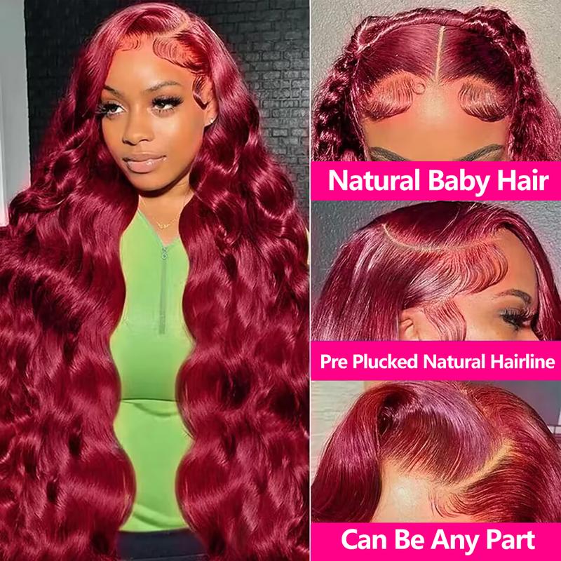 Tahikie 13x6 99J Burgundy Body Wave Full Lace Frontal Wig HD Lace Human Hair Wigs Red Colored for Women