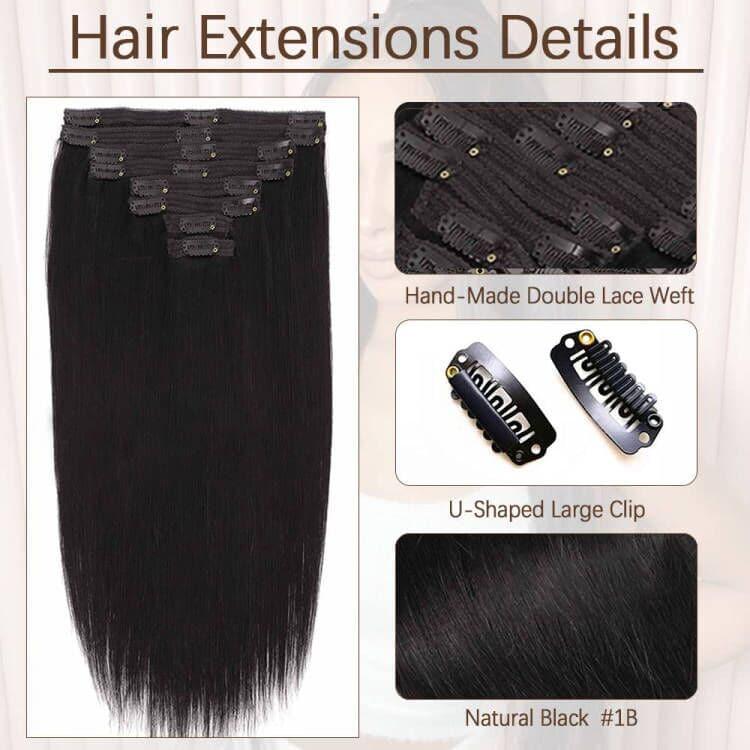 Tahikie  Natural Black Color Straight Clip in Hair Extensions Human Hair 8pcs Per Set with 18Clips Double Drop