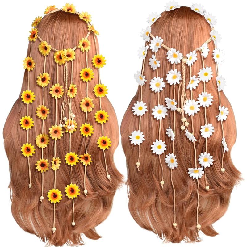 2pcs Flower Hippie Headband Floral Crown Summer Sunflower Hair Accessories for 70 s Bohemian Costumes Style