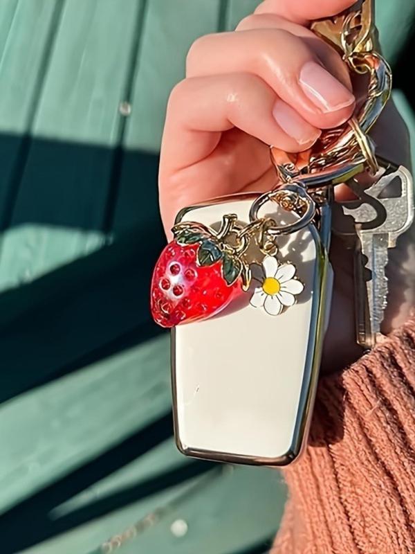 Cute Strawberry & Flower Design Keychain, Fashionable Keychain for Women & Girls, Trendy All-match & Exquisite Keychain for Birthday Gift