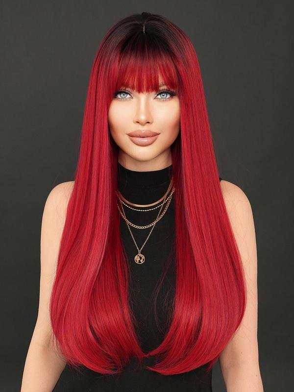 Fashion Gradual Color Design Long Straight Wigs for Women, 28 Inch Gorgeous Fluffy Wigs with Bangs, Synthetic Full Machine Wigs for Party, Daily Use