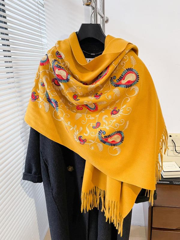 Women's Floral Embroidery Tassel Decor Shawl, 2024 New Style Casual Soft Warm Scarf for Fall & Winter, Fashion Accessories for Women & Girls