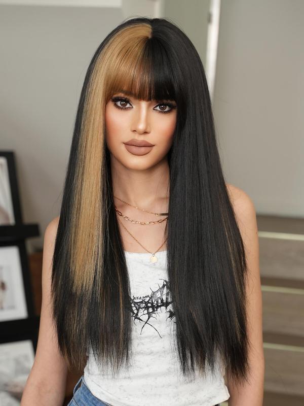 26 Inch Long Straight Long Straight Gray with Black Wigs for Women, 2024 Beginners Glueless Wig, Gorgeous Fluffy Wigs with Bangs, Synthetic Wigs for Party, Daily  Hairstyles Ideas Use