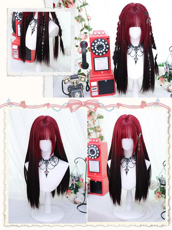 24 Inch Red & Black Long Straight Wigs for Women, Gorgeous Fluffy Y2k Wigs with Bangs, Synthetic Wigs for Party, Daily Hairstyle Ideas