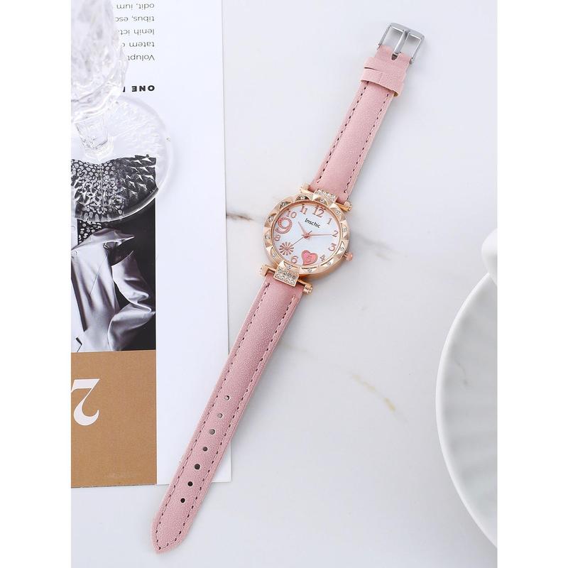 1pc Pink Dial With White Face Mixed Scale Design Watch, With Rhinestone Heart Detail