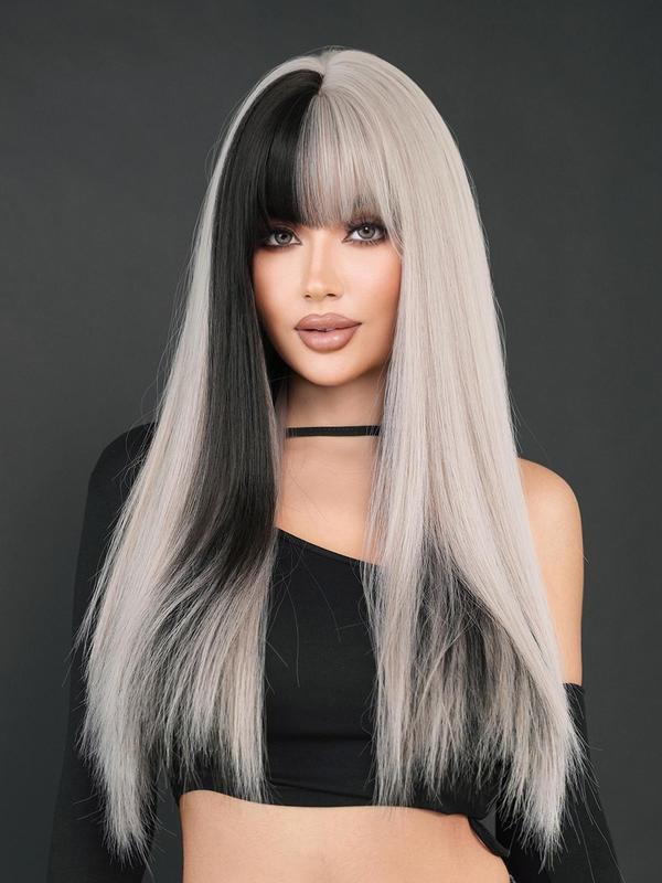 26 Inch Long Straight Long Straight Gray with Black Wigs for Women, 2024 Beginners Glueless Wig, Gorgeous Fluffy Wigs with Bangs, Synthetic Wigs for Party, Daily  Hairstyles Ideas Use